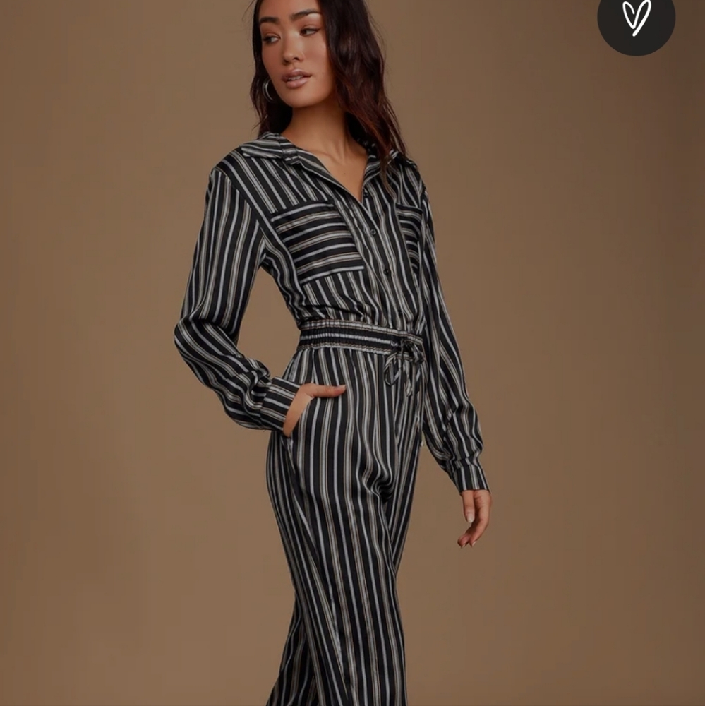 Lulus Dreamstate Black n Blue Striped long sleeve jumpsuit